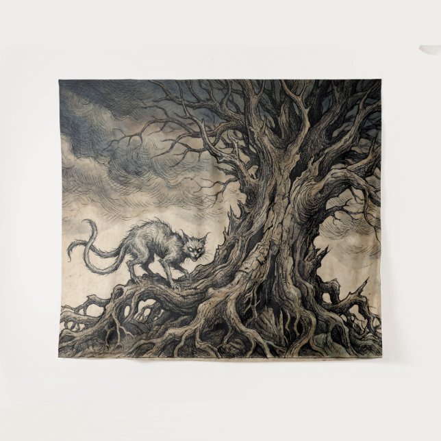 The Bakeneko Under Gnarled Branches Wandteppich (Vorderseite (Horizontal))