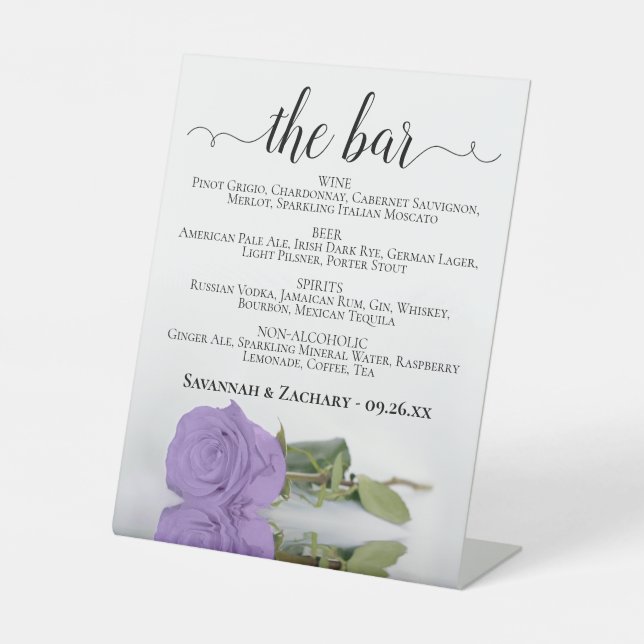The Bar - Lavender Lila Rose Drinks Menü Hochzeit Sockelschild (Vorderseite)
