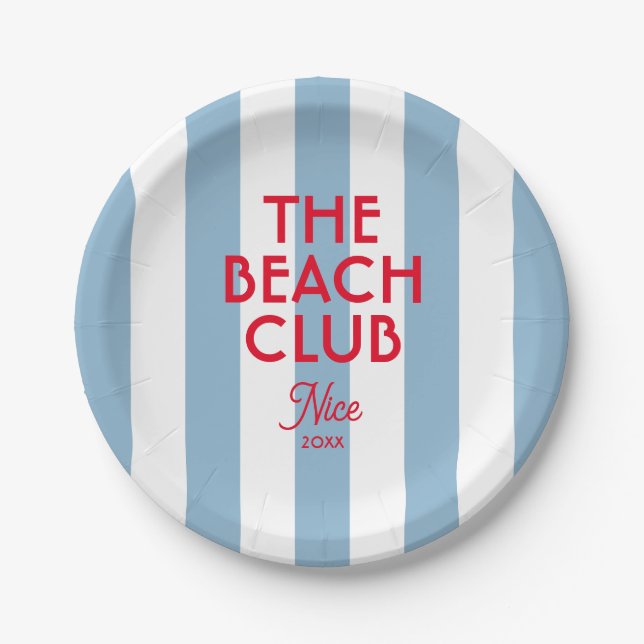 The Beach Club French Red Blue Cabana Strip Round Pappteller (Vorderseite)