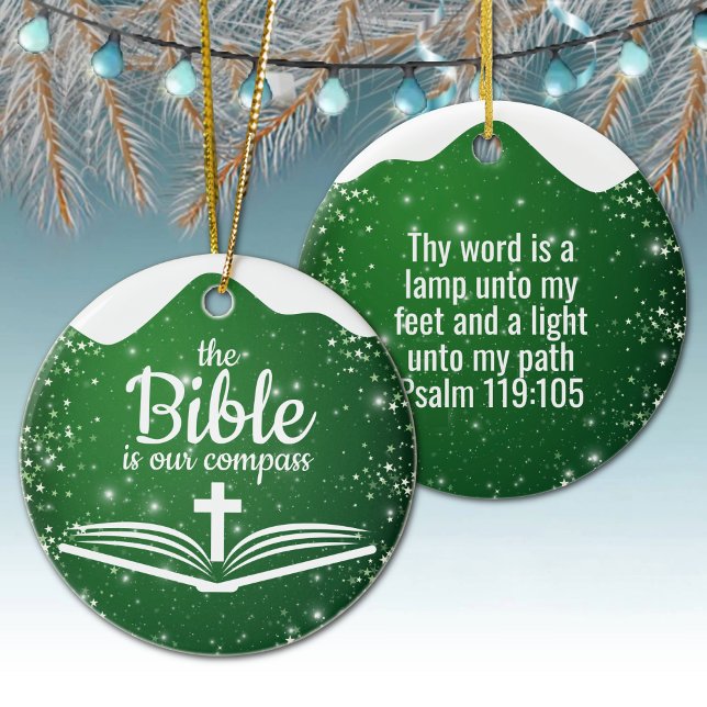 The Bible is our Compass Bible Verse Festive  ⛪️🎄 Keramik Ornament (Customizable The Bible is our Compass, Bible Verse Festive Ceramic Ornament Green Psalm 119:105 ✞)