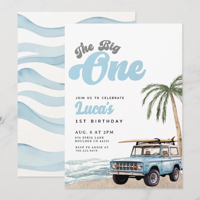 The Big One Birthday Invitation Boy First Birthday (Devant / Derrière)