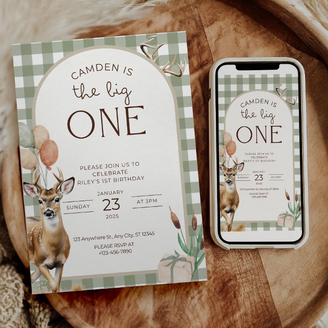 The Big One Deer Birthday Invitation Boys First  Einladung (Von Creator hochgeladen)