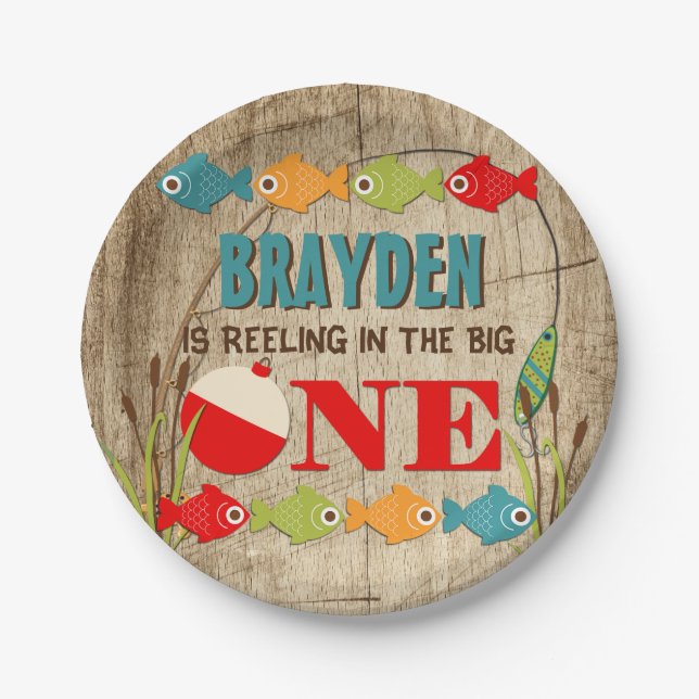 The Big One Fishing Theme Boys First Birthday Pappteller (Vorderseite)