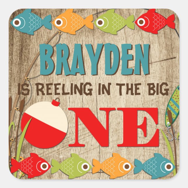 The Big One Fishing Theme Boys First Birthday Quadratischer Aufkleber (Vorderseite)