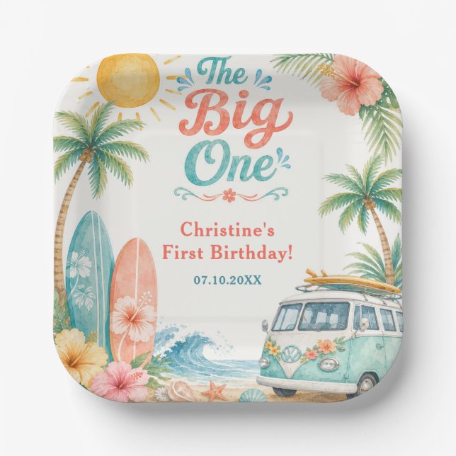The Big One Surf Beach 1. Geburtstag Pappteller (Vorderseite)