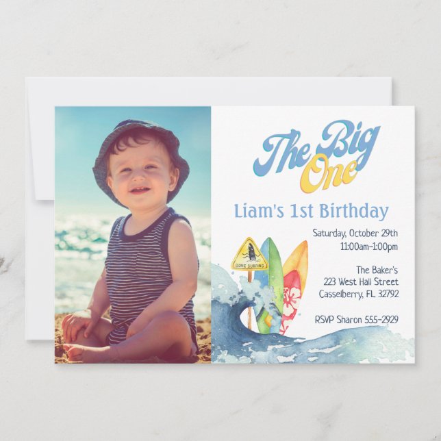 The Big One Surfer Baby First Birthday Invitations (Devant)