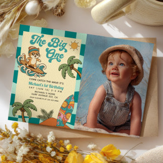 The Big One Surfer Retro 1st Birthday Photo  Einladung