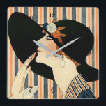 "The Black Hat" Art Deco von George Barbier Quadratische Wanduhr<br><div class="desc">George Barbier war einer der führenden Modeillustratoren des frühen 20. Jahrhunderts in der vordersten Front der Allianz zwischen Kunst und Mode. Er und seine Illustratoren schufen mutige,  stilisierte Bilder,  die Stimmung und Atmosphäre vermittelten. Diese Abbildung ist "Der schwarze Hut" für das La Parisienne Magazin.</div>