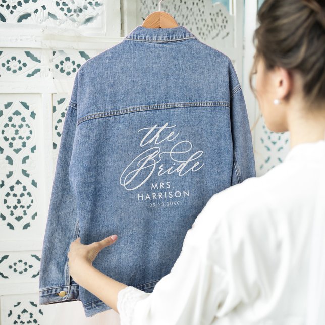 The Bride Elegant Script Brides Name Wedding Date Jeansjacke (The Bride Elegant Script Brides Name Wedding Date Denim Jacket)