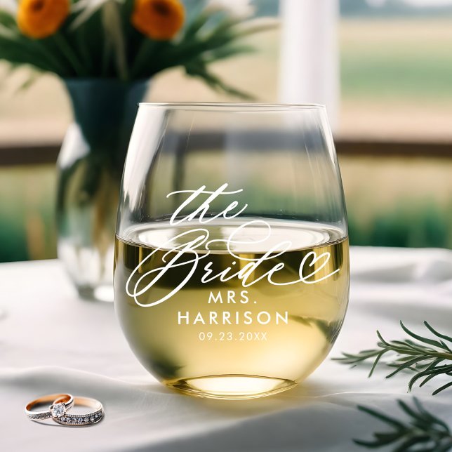 The Bride Elegant Script Brides Name Wedding Date Weinglas Ohne Stiel (The Bride Elegant Script Brides Name Wedding Date Stemless Wine Glass)