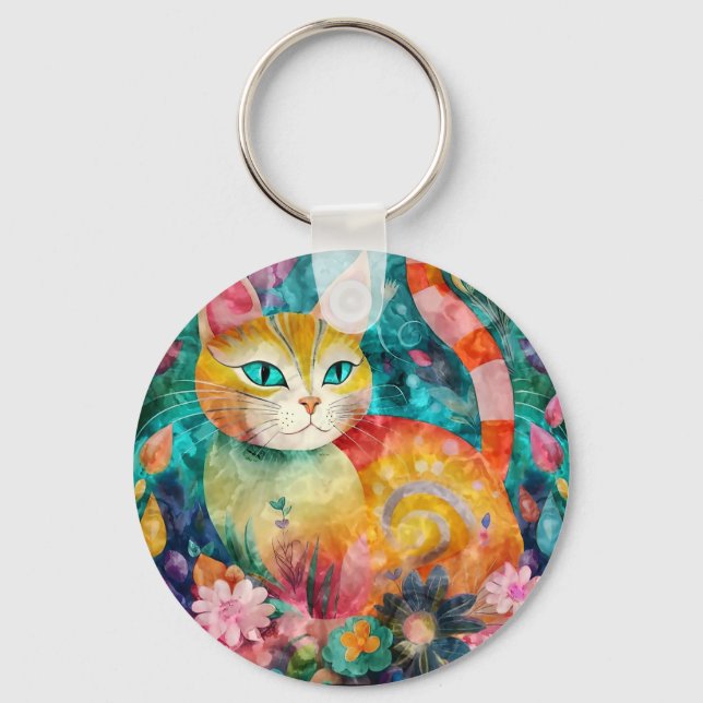 The Cat with Striking Green Eyes in Flower Garden Schlüsselanhänger (Vorderseite)
