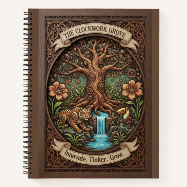 The Clockwork Grove Mechanical Nature Wood Journal Notizbuch (Vorderseite)