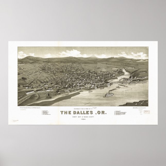 The Dalles Oregon 1884 Antike Panoramakarte Poster (Vorne)