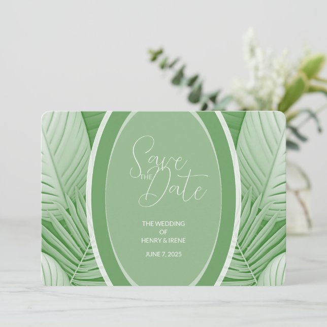 The Date Code QR de mariage vert tropical pour photo - Save (Debout devant)