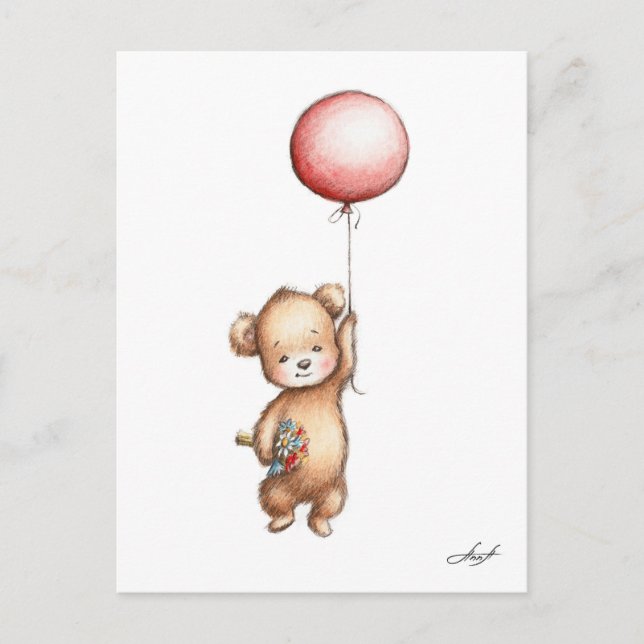 The Drawing of Teddy Bear with Red Balloon and Flo Postkarte (Vorderseite)
