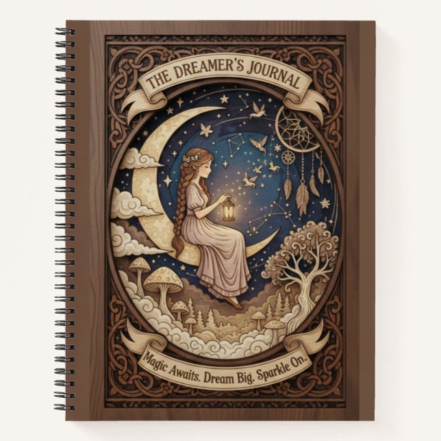 The Dreamer's Journal Crescent Moon Wood Carved  Notizbuch (Vorderseite)