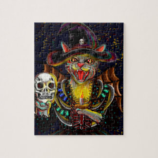 The Evil Witch Cat Holds a Skull and a Candle