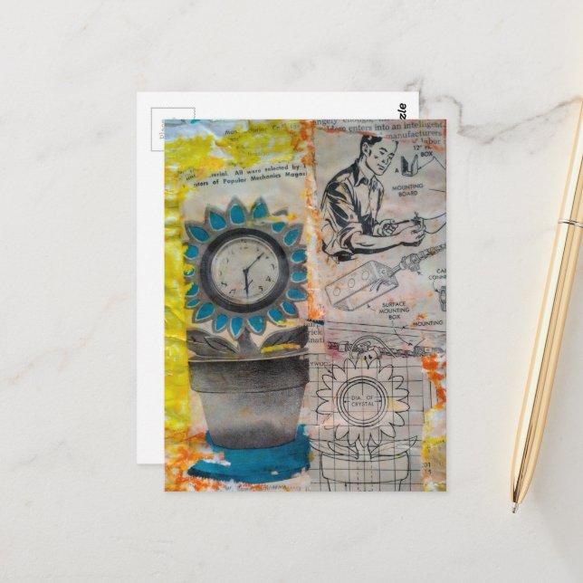 The Flower Clock Mixed Media Collage Postkarte (Vorderseite/Rückseite Beispiel)