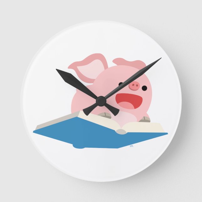 The Flying Book and Cartoon Pig Wall Clock Runde Wanduhr (Vorderseite)