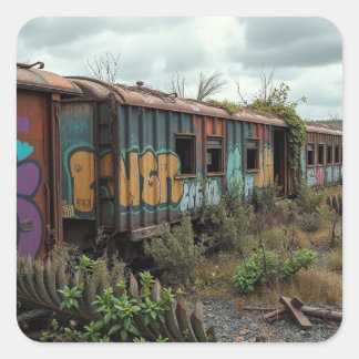 The Forgotten Railway – Abandoned Graffiti Train Quadratischer Aufkleber
