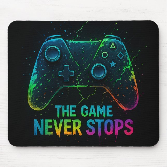 The Game Never Stops — Neon Gamer Controller Mousepad (Vorne)