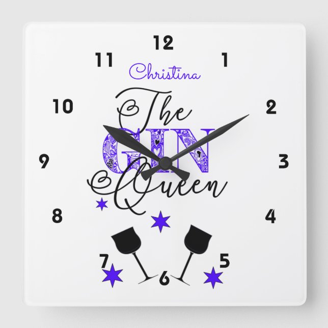The Gin Queen White Quadratische Wanduhr (Vorderseite)
