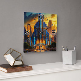 The Grand Art Deco Blue Plaza Pavillon von Xzendor Quadratische Wanduhr