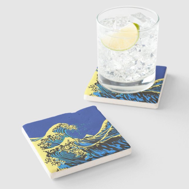 The Great Hokusai Wave in Blue Pop Art Style Steinuntersetzer (Seitenansicht)