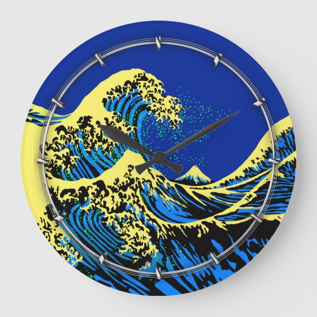 The Great Hokusai Wave in Blue Yellow Pop Style Große Wanduhr (Vorderseite)