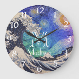 The Great Wave Starry Night Große Wanduhr