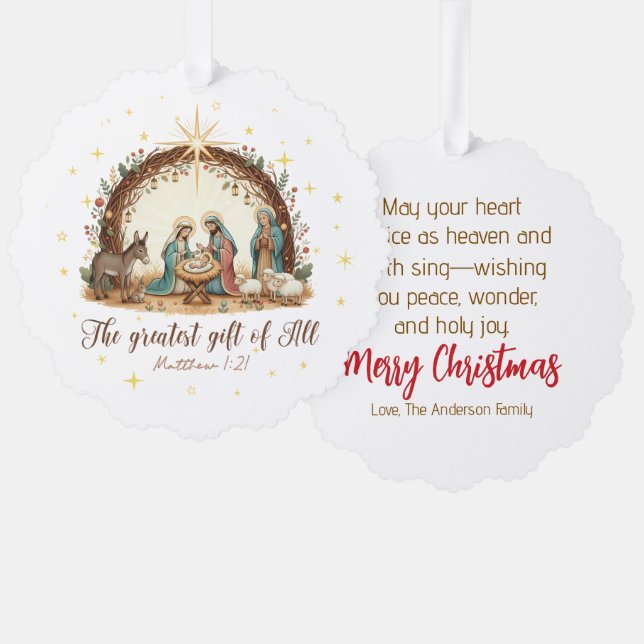 The Greatest Gift of All” Nativity  Ornament Karte (Vorderseite/Rückseite)