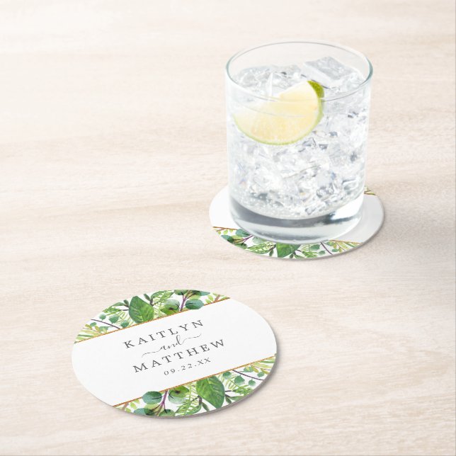 The Greenery & Gold Wedding Collection Runder Pappuntersetzer (Vor Ort)