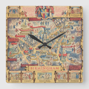 The Heart of Birmingham, England Map Quadratische Wanduhr