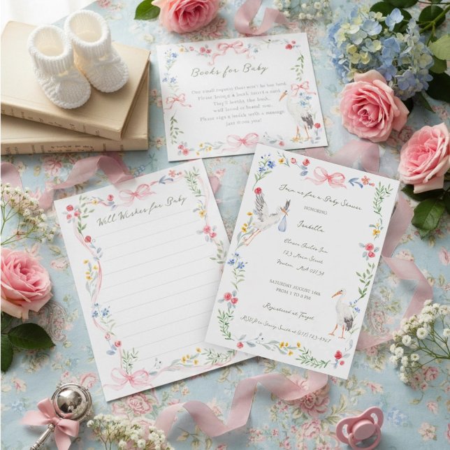 The Heirloom Rose & Ribbon Signature Stork Einladung (Von Creator hochgeladen)