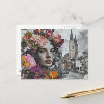 The Lady Collage With Flowers and Buildings
