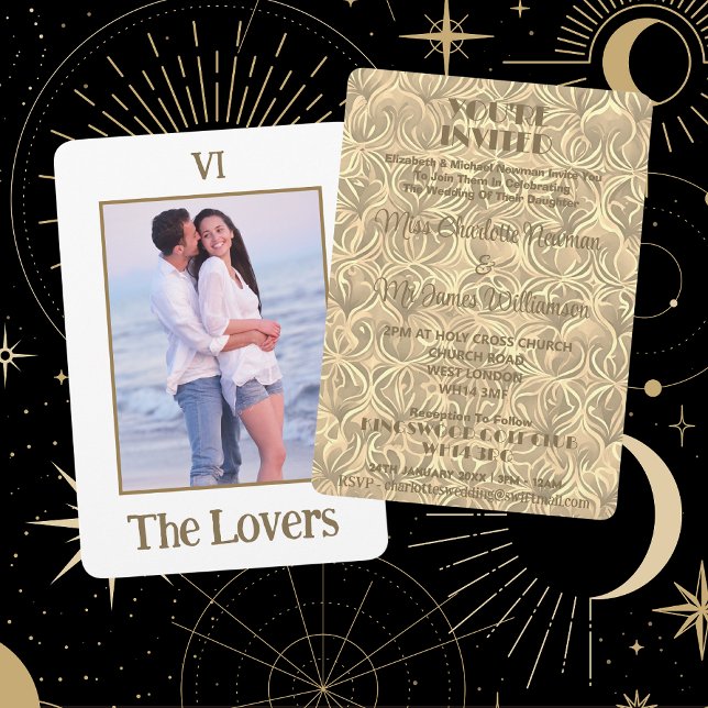 The Lovers Tarot Gold Foto Hochzeit Einladung (Front And Back)