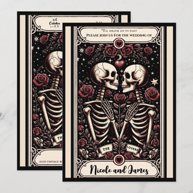 THE LOVERS Tarot Skeleton Liebe Rote Rosen Hochzei Einladung (Vorne/Hinten)
