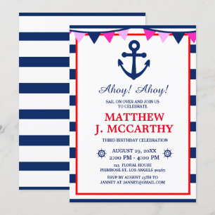 The Nautical Anchor Navy Stripe Baby Ship Geburtst Einladung