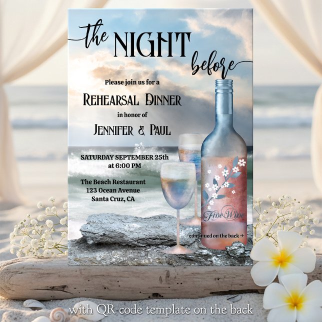 The Night Before Beach and Wine Rehearsal Dinner Einladung (Rehearsal Dinner invitation featuring a fine art painted  wine bottle with two glasses on the beach)