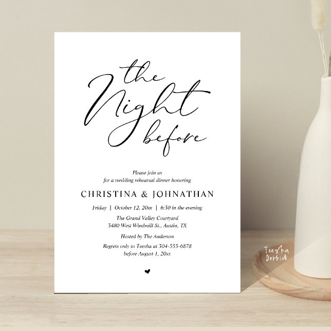 „The Night Before“ Elegantes Skript Probeessen Einladung (“The Night Before” Elegant Script Romantic Rehearsal Dinner Invitation Card Black White)