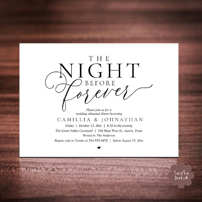 „The Night Before Forever“ Moderne Probe-Dinnerpar Einladung (“The Night Before Forever” Modern Classy Rehearsal Dinner Invitation card in black and white)
