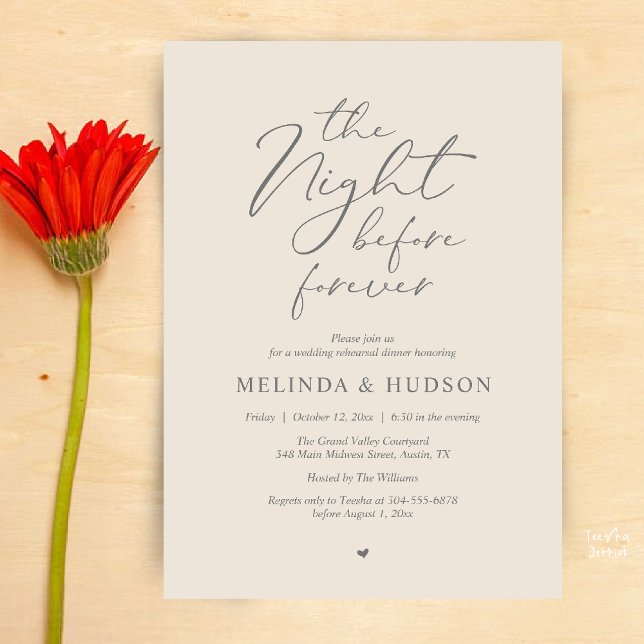 The Night Before Forever Romantic Rehearsal Dinner Einladung (Modern Romantic Wedding Rehearsal Dinner The Night Before Forever Invites Card in Cream Grey)