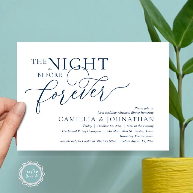 The Night Before Forever, Wedding Rehearsal Dinner Einladung (The Night Before Forever Wedding Rehearsal Dinner Romantic Classy Invites Card PDF in Navy Blue)