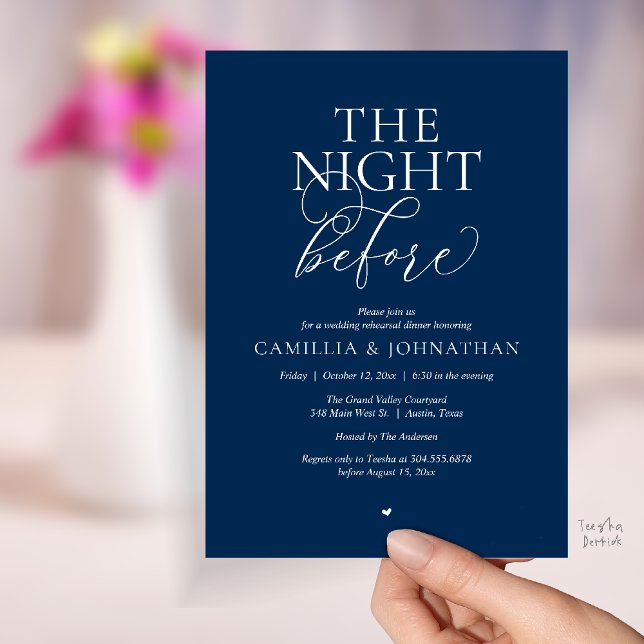 “The Night Before” Modern Wedding Rehearsal Dinner Einladung (“The Night Before” Modern Classy Rehearsal Dinner Reception Invitation Card Navy Blue)
