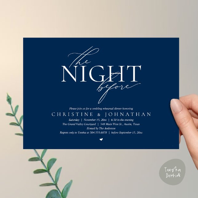 The Night Before, Modern Wedding Rehearsal Dinner  Einladung (The Night Before, Modern Wedding Rehearsal Dinner Invitation Card in Navy Blue)