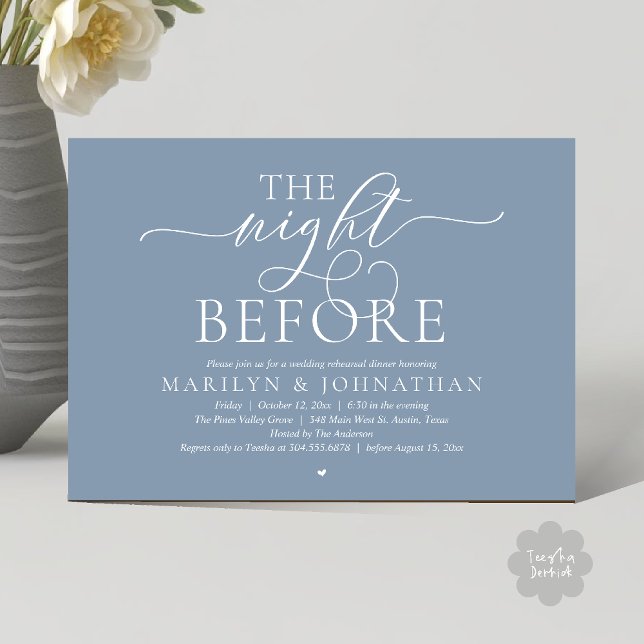 The Night Before, Modern Wedding Rehearsal Dinner Einladung (The Night Before, Modern Romantic Classy Wedding Rehearsal Dinner Invitation Card in dusty blue)