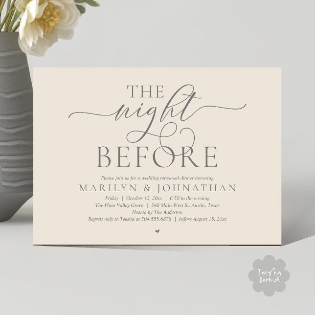 The Night Before, Modern Wedding Rehearsal Dinner Einladung (The Night Before, Modern Romantic Classy Wedding Rehearsal Dinner Invitation Card in cream grey)