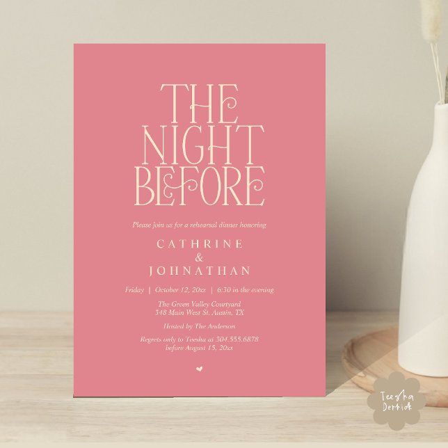 "The Night Before" Probedinner Dusty Rose Einladung (Minimalist "The Night Before" Rehearsal Dinner Invitation Card in Dusty Rose Pink)