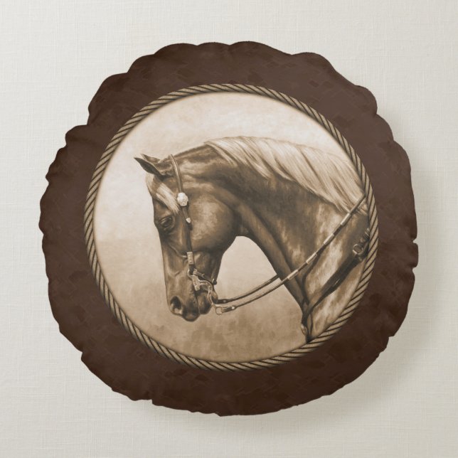 The Old West Quarter Horse Sepia Brown Rundes Kissen (Vorderseite)