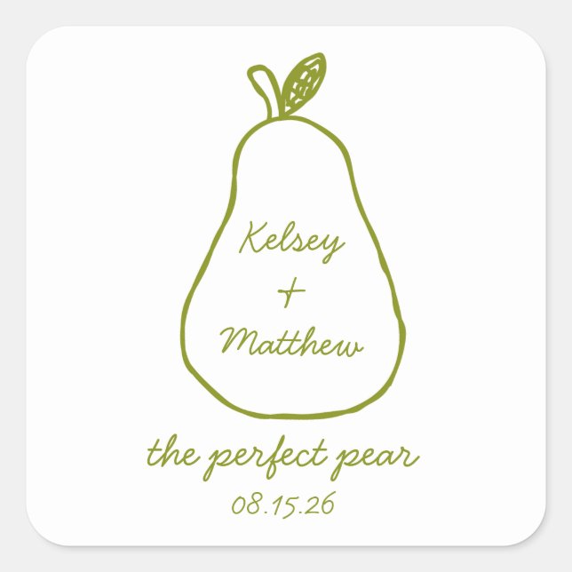 "The Perfect Pear" Whimsical Chic Polterabend Quadratischer Aufkleber (Vorderseite)